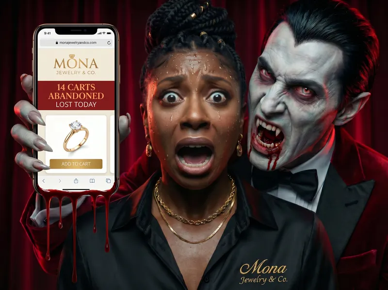 Mona, owner of Mona Jewelry & Co. — jewelry retailer losing 14 abandoned checkouts per day to a high bounce rate landing page
